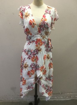 ADELYN RAE, White, Multi-color, Red, Purple, Brown, Viscose, Floral, White with Poppy Red/Purple/Brown/Tan/Burn Orange Etc Floral Pattern Crepe, Ruffled Cap Sleeves, Wrap Dress with Wrapped V-neck, Self Ties at Side Waist, High Low Hem Above Knee in Front, Mid Calf in Back **Barcode on Waistband
