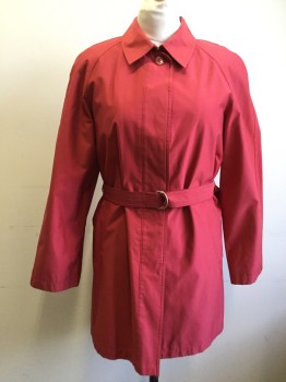 GALLERY, Red, Polyester, Solid, Single Breasted, Hidden Placket Button Front, Collar Attached, 2 Pockets, Raglan Long Sleeves, Belt Loops, Self Belt