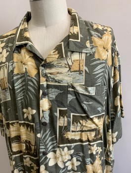 ISLAND PASSPORT, Olive Green, Beige, Tan Brown, Gray, Rayon, Tropical , Palm Trees, Tropical Plants and Beach Landscapes, Short Sleeve Button Front, Collar Attached, 1 Patch Pocket, Dad on Vacation