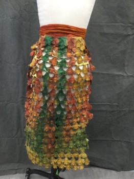 Unisex, Sci-Fi/Fantasy Space Oddity, MTO, Orange, Turmeric Yellow, Green, Mottled, O/S, Scale-like Painted Feathers, Holes, Orange/Dark Red Diagonal Stripe Thin Scarf Attached, Cape, Loincloth, Skirt, Oddity