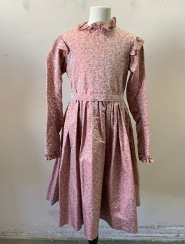 Childrens, Dress 1890s-1910s, TRICORNE, Rose Pink, Red, Polyester, Floral, W24, B28, High Round Neck with Ruffle, Long Sleeves with Ruffle Cuffs, Ruffle Shoulder Caps, Gather Skirt, Matching Belt with Hook & Eyes and Bow at Back, Back Zipper,
