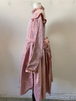 Childrens, Dress 1890s-1910s, TRICORNE, Rose Pink, Red, Polyester, Floral, W24, B28, High Round Neck with Ruffle, Long Sleeves with Ruffle Cuffs, Ruffle Shoulder Caps, Gather Skirt, Matching Belt with Hook & Eyes and Bow at Back, Back Zipper,