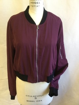 BAGATELLE, Red Burgundy, Black, Polyester, Nylon, Solid, Color Blocking, Black Ribbed Knit Collar Attached, Long Sleeves Cuffs & Hem, Zip Front, Left Sleeve with 1 Pocket/zipper, 2 Pockets