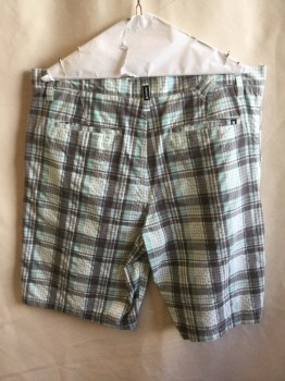 HURLEY, Off White, Gray, Heather Gray, Mint Green, Cotton, Polyester, Plaid, 1.5" Waistband, Flat Front, Zip Front, 4 Pockets
