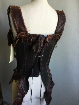 Womens, Sci-Fi/Fantasy Corset, MTO, Dk Brown, Black, Leather, Cotton, Solid, 26, 34, Lacing/Ties,  Up Front Lacing/Ties,  Up Back With Seashells Claws Beads Feather Fringed Detail