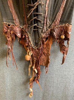 Womens, Sci-Fi/Fantasy Corset, MTO, Dk Brown, Black, Leather, Cotton, Solid, 26, 34, Lacing/Ties,  Up Front Lacing/Ties,  Up Back With Seashells Claws Beads Feather Fringed Detail