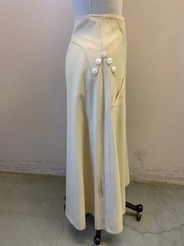 Womens, Skirt 1890s-1910s, NL, Lt Yellow, Wool, Solid, W 24, Front & Back Yolk, White Pearl Buttons, Welt Pocket, Center Front Snap Closures