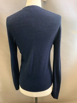 Mens, Pullover Sweater, RAG & BONE, Navy Blue, Black, Wool, Solid, Heathered, S, Sheer Textured Weave, Henley Neck, Rib Knit Cuffs with Black Edge