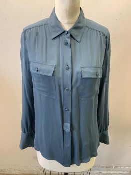 Womens, Top, J CREW, Steel Blue, Synthetic, Solid, 6, Long Sleeves, Button Front, 7 Buttons, 2 Button Cuffs, Self Buttons, Patch Pockets, Gathered Shoulders