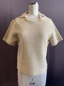 Womens, Top, KORET OF CALIFORNIA, Ecru, Synthetic, Solid, B 32, Honeycomb Knit, Ribbed Knit Collar, Ribbed Knit Yoke Panel with Button Detail, Short Sleeves