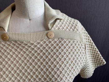 KORET OF CALIFORNIA, Ecru, Synthetic, Solid, Honeycomb Knit, Ribbed Knit Collar, Ribbed Knit Yoke Panel with Button Detail, Short Sleeves