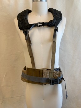 Mens, Harness, MTO, Khaki Brown, Brown, Nylon, OS, Velcro Front, Khaki Waist Band, Dark Brown Strap & Side Release Buckles Horizontally Across Chest & Over Waist Band, Metal Plaque at Back, Grommets Down Center Back