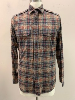 Mens, Casual Shirt, POLO, Khaki Brown, Lt Blue, Red Burgundy, Black, Aubergine Purple, Cotton, Plaid, Floral, M, Collar Attached, Button Front, Long Sleeves