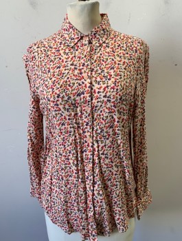 TOP SHOP, Lt Peach, Coral Pink, Olive Green, Mustard Yellow, Black, Rayon, Floral, Long Sleeves, Button Front, Collar Attached