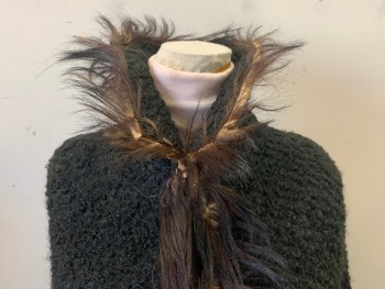 Womens, Cape 1890s-1910s, N/L, Black, Brown, Wool, Fur, Solid, O/S, Boucle, Trimmed in Fur, Hooks & Eyes, Portrait Collar, Lined, Barcode in Right Pocket, Victorian, Lady Bracknell.