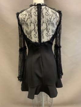 NICHOLAS, Black, Polyester, Solid, See Through Lace Bell Sleeves and Chest, Round Neck with Self Ruffle Edge, Crepe Body, Mini Length, Empire Waist, Self Ruffle at Hem