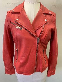 Womens, Leather Jacket, WILSON'S LEATHER, Red, Leather, Solid, M, Moto Jacket, Zip Front, Notched Collar, 3 Silver Zipper Pockets, Silver Studs on Collar, Zippers at Cuffs, Lining is Gray/Black "Snakeskin" Pattern Polyester