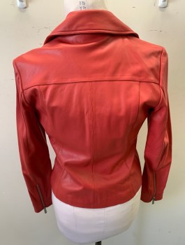 Womens, Leather Jacket, WILSON'S LEATHER, Red, Leather, Solid, M, Moto Jacket, Zip Front, Notched Collar, 3 Silver Zipper Pockets, Silver Studs on Collar, Zippers at Cuffs, Lining is Gray/Black "Snakeskin" Pattern Polyester