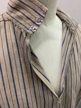 NL, Ecru, Blue, Linen, Stripes - Vertical , Blousy,pullover ,2 Button Collar, Deep V,Ticking Stripe Small Buttons at Wrist,Aged