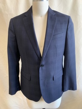 BANANA REPUBLIC, Midnight Blue, Lt Blue, Wool, Plaid, Single Breasted, 2 Buttons, 3 Pockets, Notched Lapel, Single Vent