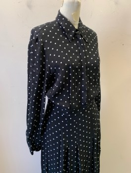 TOP SHOP, Black, White, Viscose, Polka Dots, Crepe, Shirtwaist with Buttons at Front, Collar Attached, Ankle Length, Invisible Zipper at Side, Tall Slits From Hem to Hip Level at Front