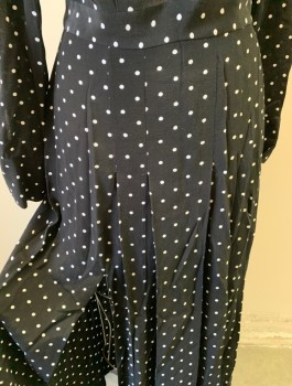 TOP SHOP, Black, White, Viscose, Polka Dots, Crepe, Shirtwaist with Buttons at Front, Collar Attached, Ankle Length, Invisible Zipper at Side, Tall Slits From Hem to Hip Level at Front