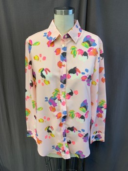 BANANA REPUBLIC, Lt Pink, Multi-color, Polyester, Floral, Abstract , Long Sleeves, Button Front, 8  Buttons,  2 Buttons Per Sleeve