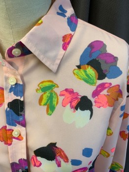 BANANA REPUBLIC, Lt Pink, Multi-color, Polyester, Floral, Abstract , Long Sleeves, Button Front, 8  Buttons,  2 Buttons Per Sleeve