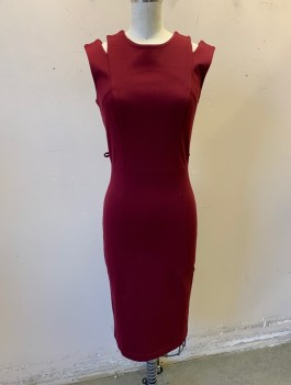 MYSTIC, Red Burgundy, Polyester, Spandex, Solid, Stretch Jersey, Round Neck, Cutout Detail at Neckline with 2 Straps on Each Side, Fitted Sheath, Knee Length, Belt Loops (But No Belt), Invisible Zipper in Back