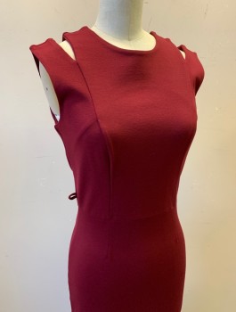 MYSTIC, Red Burgundy, Polyester, Spandex, Solid, Stretch Jersey, Round Neck, Cutout Detail at Neckline with 2 Straps on Each Side, Fitted Sheath, Knee Length, Belt Loops (But No Belt), Invisible Zipper in Back