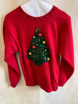 Childrens, Sweater, HANES, Red, Cotton, Holiday, Youth , L, CN, L/S, with  Red Jewels, Green Christmas Tree with Sequins & Decorations