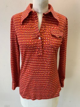 Womens, Shirt, N/L, Red-Orange, Blue, Sunflower Yellow, White, Polyester, Geometric, B:32, L/S, C.A., 3 Buttons, 1 Pocket,