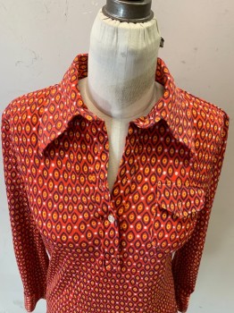 Womens, Shirt, N/L, Red-Orange, Blue, Sunflower Yellow, White, Polyester, Geometric, B:32, L/S, C.A., 3 Buttons, 1 Pocket,