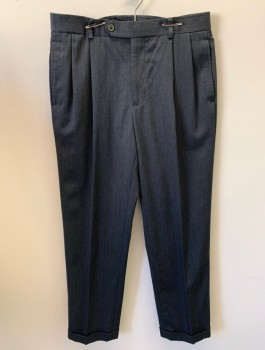 BROOKS BROTHERS, Dk Gray, Wool, Solid, Zip Front, Button Closure, Pleated Front, Cuffed, 4 Pockets