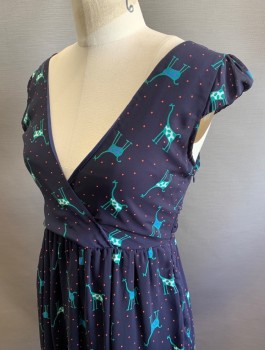 YELLOW STAR, Midnight Blue, Green, Red, Blue, Polyester, Novelty Pattern, Dots, Giraffes With Red Dot Background, Chiffon, Barely There Cap Sleeves, Surplice V-Neck, Gathered Waist With Self Ties At Sides, Mini Length