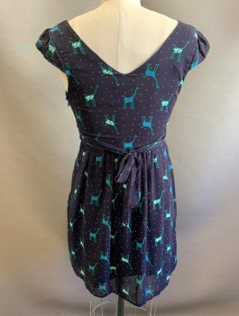 YELLOW STAR, Midnight Blue, Green, Red, Blue, Polyester, Novelty Pattern, Dots, Giraffes With Red Dot Background, Chiffon, Barely There Cap Sleeves, Surplice V-Neck, Gathered Waist With Self Ties At Sides, Mini Length
