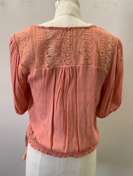 SELF E, Peachy Pink, Rayon, Solid, Gauze with Self Rectangles Texture, S/S, Faux Surplice V-Neck, Crochet Lace Detail at Shoulders, Elastic Smocking at Back Waist, Self Ties Attached to Waist