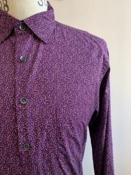 ROD + GUNN, Red Burgundy, White, Tan Brown, Polyester, Cotton, Floral, L/S, Button Front, Collar Attached, Chest Pocket