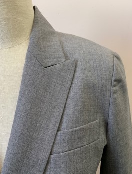 THEORY, Gray, Wool, Lycra, Solid, Heathered, Single Breasted, 1 Button, Peaked Lapel, 3 Pockets,