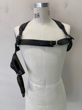Unisex, Sci-Fi/Fantasy Harness, NL, Black, Leather, Adjustable Straps, Silver Open Buckle, Gun Holster Attached