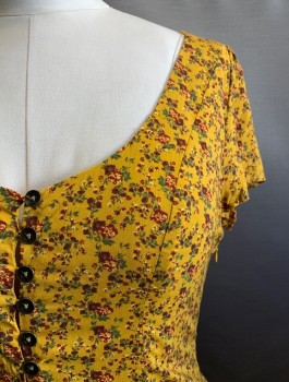 URBAN OUTFITTERS, Amber Yellow, Red Burgundy, Rayon, Floral, V-N, Button Front, Lace Back,
