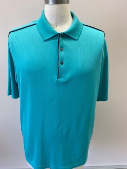 PA, Teal Blue, Black, Polyester, Text, S/S, With Piping Trim On Shoulders & Plaquet