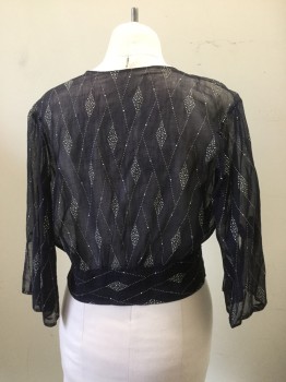 Womens, Blouse 1890s-1910s, N/L, Navy Blue, White, Wool, Diamonds, W34, B40, Sheer Batiste with White Diamond Dotted Print.. 3/4 Wide Sleeves with Slit at Cuffs. Square Neckline. Wide Waistband. Repair at Back Neck,