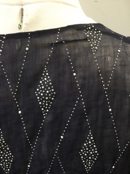 Womens, Blouse 1890s-1910s, N/L, Navy Blue, White, Wool, Diamonds, W34, B40, Sheer Batiste with White Diamond Dotted Print.. 3/4 Wide Sleeves with Slit at Cuffs. Square Neckline. Wide Waistband. Repair at Back Neck,