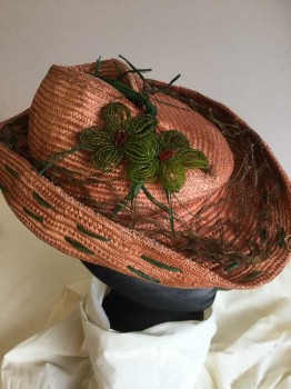 Womens, Hat 1890s-1910s, N/L, Peach Orange, Green, Lime Green, Red, Olive Green, Straw, Synthetic, Basket Weave, Floral, HAT:  Peach-orange Basket Weaving, Smashed Front W/lime,red Floral Beads Work Piece, W/green Sew Through and Olive Honeycomb Draped All Over,