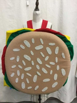 Unisex, Walkabout, MTO, Tan Brown, Off White, Green, Red, Yellow, Felt, Hamburger Costume, Food