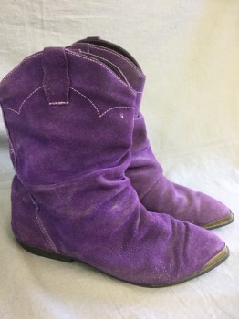 Womens, Boots, N/L, Purple, Suede, Solid, 8, Cowgirl Fashion Boots, Ankle High, Slouchy Fit at Ankles, Pointed Toe with Gold Metal Detail, Flat/No Heel,