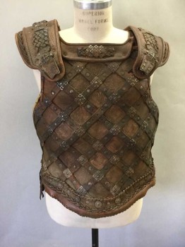 Mens, Historical Fict. Breastplate , MTO, Brown, Leather, Metallic/Metal, Solid, 40-42, Leather Check Straps W/ Metal Studs, Braided Leather Pieces On Shoulder Straps, With Decorative Metal, Side Grommets, Diamond Hole Cutouts In Back (one With Leather Velcro Piece Attached)