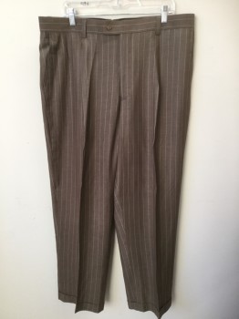 ROSSI MAN, Lt Brown, Lt Pink, Cream, Wool, Polyester, Stripes - Vertical , Paisley/Swirls, Pants, 1 Pleat Front, Zip Front, 4 Pockets with Cuffs