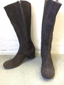 Womens, Boots, N/L, Dk Brown, Suede, Solid, Knee High, Round Toe, Side Zip, Chunky 2 1/4" Heel, Retro 1960's-1970's Go Go Boot Look, Are Actually 90's-00's